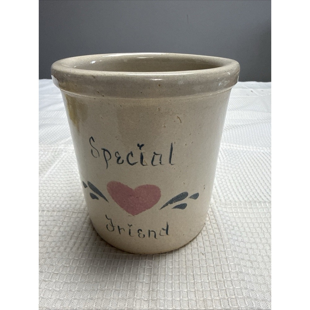 Vtg Stoneware Crock Utensil Holder Primitive Farmhouse Kitchen Heart Cottagecore